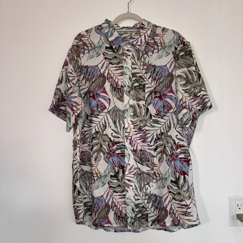 Pd&C Men XL Button Up Shirt Short Sleeve Linen Blend Tropical Leaf Print Resort
